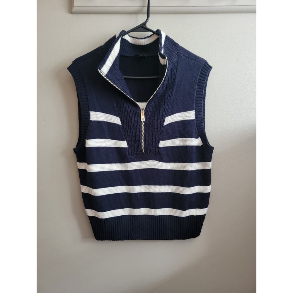 Talbots Womens M Navy White Striped Quarter Zip Sleeveless Sweater Vest Chunky